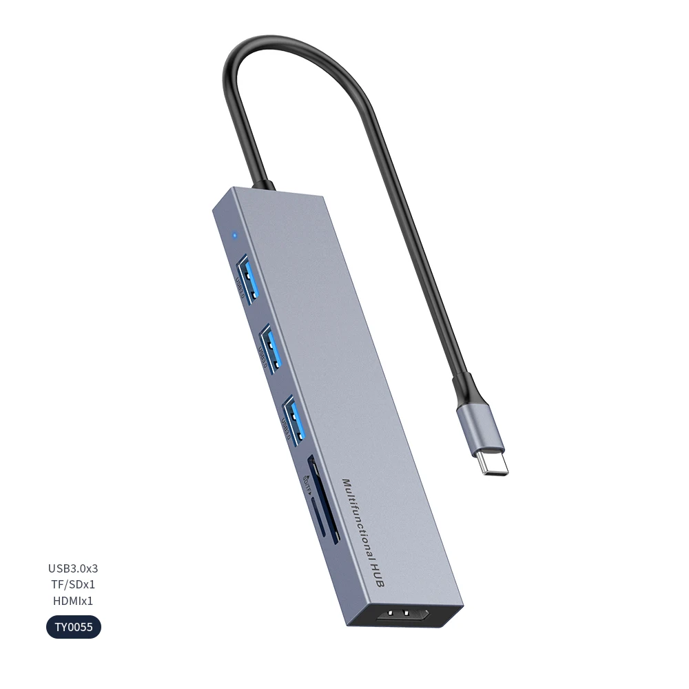 Hot-selling Aluminum Alloy 6 IN 1 USB C Hub with USB 3.0 SD TF Card High-Definition Multimedia Interface Adapter Docking Station