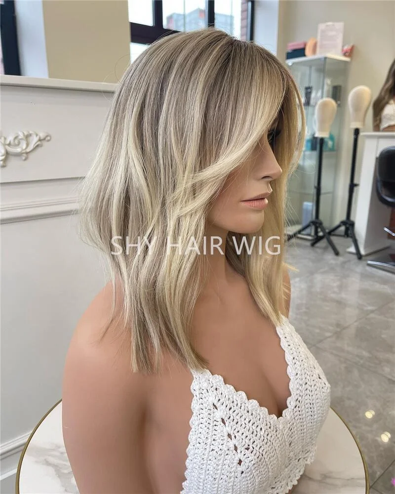 2023 Shy Top quality Highlight mixed Blonde Straight European Human Hair 4*4 Silk Top short wavy Lace Front Wig For White Women