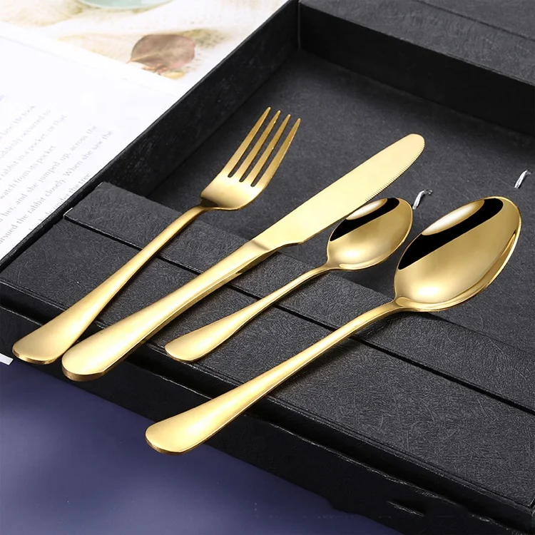 Stainless Steel gold plated 24pcs Cutlery wholesale Luxury spoon and fork reusable 24-piece gift box Flatware Set
