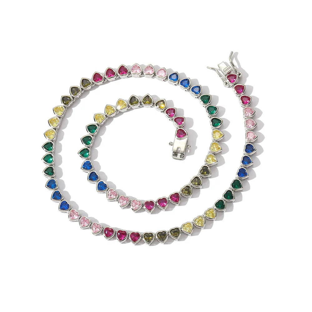 Trendy 2022 Fashion Summer Hip Hop Jewelry Iced Out Diamond Bezel Setting Necklace 5mm Rainbow Heart Tennis Chains for Women Men