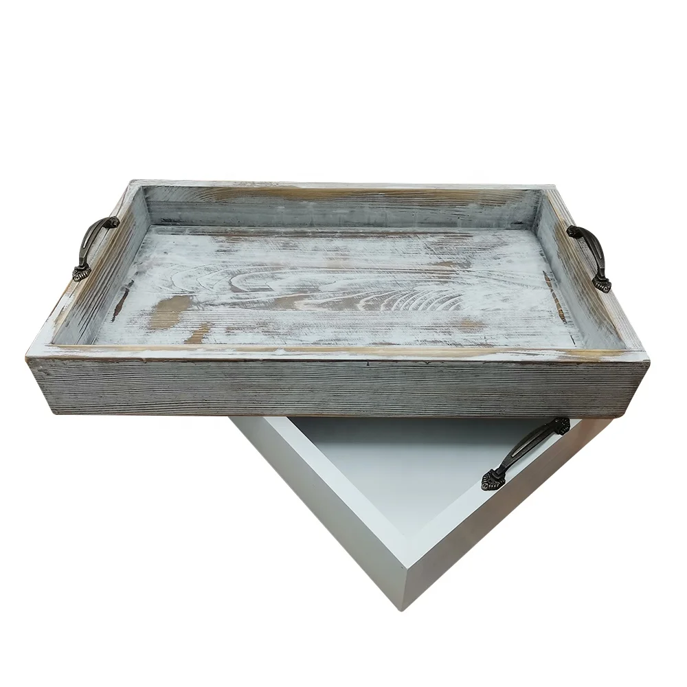 Custom Vintage Rustic White Shabby Whitewashed Solid Wood Serving Tray with Black Metal Handles