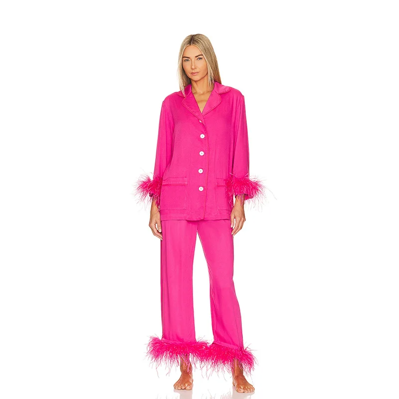 New Design Custom Solid Color Long Sleeve Button Up Fringed Cuff Shirt And Fringed Pants Two Pieces Pajamas Set For Home Wear
