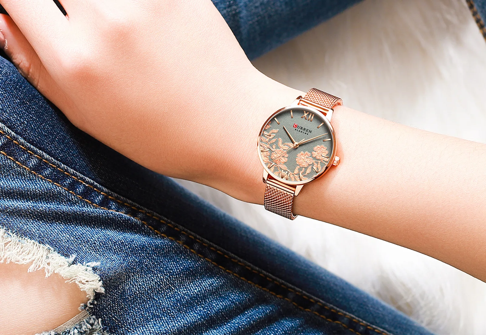 High end 9065 Curren roman digital scale display floral texture mesh quartz women watch exquisite fresh