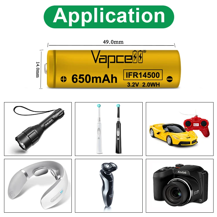 Vapcell 14500 3 2 V rechargrebel литий-ионная батарея IFR14500 650mAh 2A LIFEPO4 AA батареи для фонарика