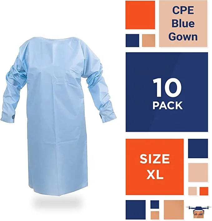 Wholesale disposable waterproof Cpe isolation robe with thumb sleeve blood splatter long apron sleeved clothes with thumb mouth
