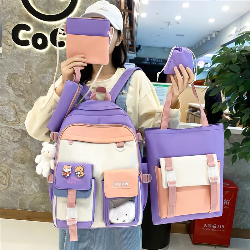 Wholesale Large Capacity 5 Piece Set for Middle School Students Backpack for College Student New Canvas Backpack for Women Style