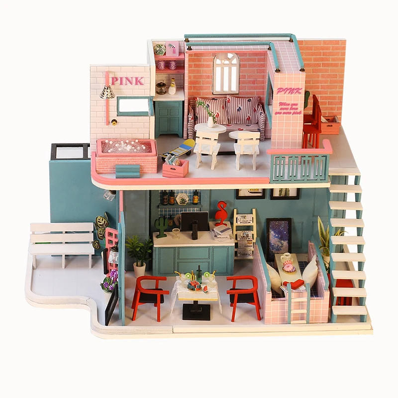 IIECREATE LED K-034 Pink Cafe  Diy House Kits Wooden Handmade Architecture Diy House Mininatures