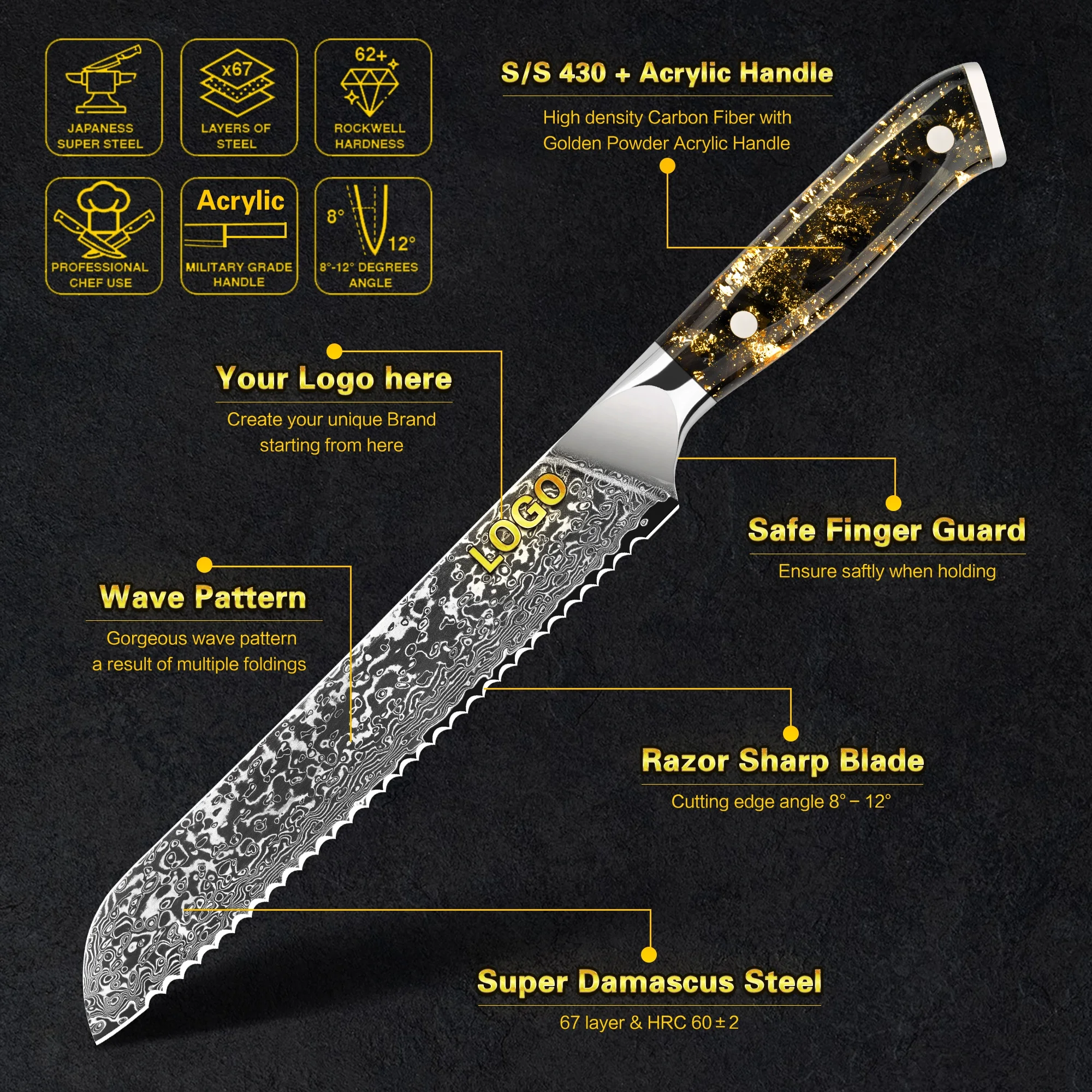 10% off Custom Logo 67 layers vg10 8 Inch Damascus customised bread knife with Carbon Fiber Gold Powder Acrylic Handle