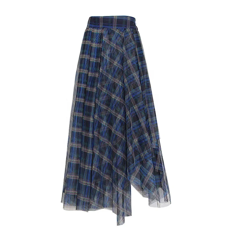 TWOTWINSTYLE Vintage Plaid Hit Color Ruched Irregular  Patchwork Mesh Female Skirt