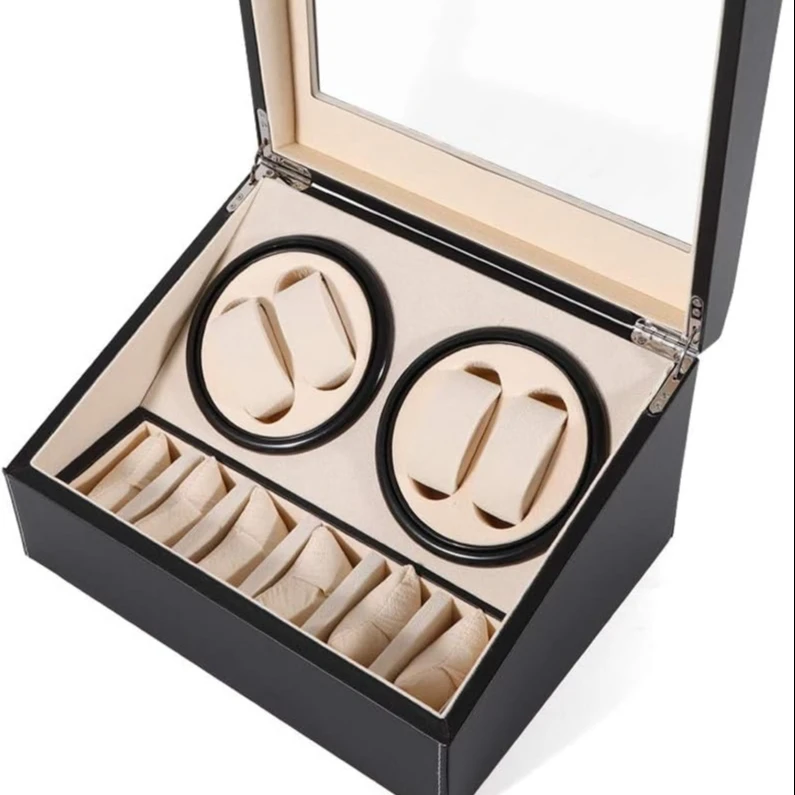 Automatic Watch Winder Display Box, 4 6 Leather Rotating Display Box Luxury Storage Case (USA Plug) (Black Brown)
