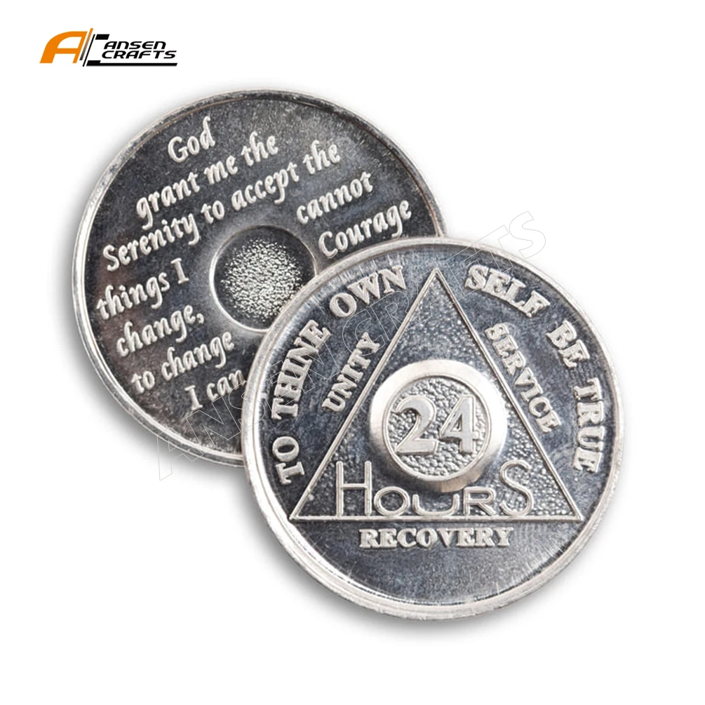 Factory Price Cheap Silver 24 Hours AA Aluminium Recovery Anniversary Medallion Token