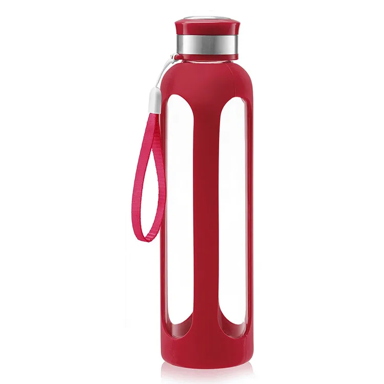 
Customised Clear Drinking Glass Water Bottle with Sleeve and Stainless Steel Lid for Juice Tea Beverages 