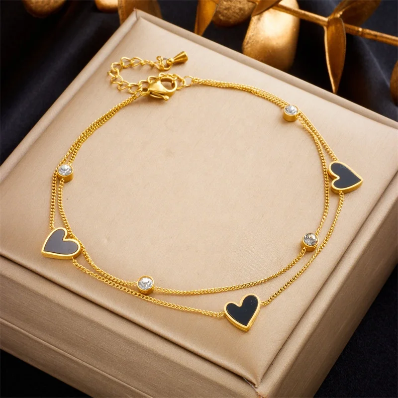 Double Layered Heart Butterfly Ankle Bracelet Tarnish Free Stainless Steel Waterproof 18K Gold Plated Anklet