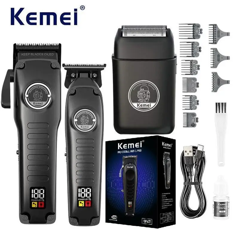 Kemei Manufacturer Cordless USB Rechargeable Electric Hair Trimmer Set km-1827 Km-H73 Professional Barber Clipper Set