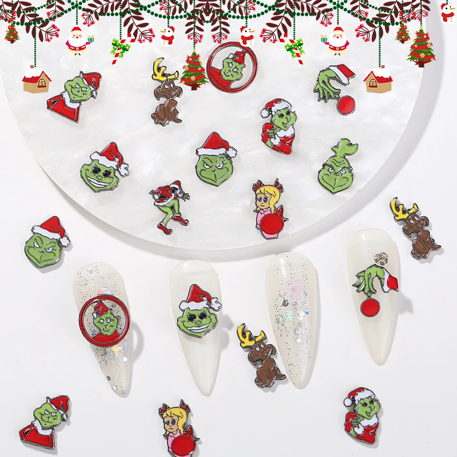 New 3D Winter Christmas Grinch Manicure Ornaments Gems Accessories Green Fur Max Elk Frett Alloy Nail Art Decoration Charms
