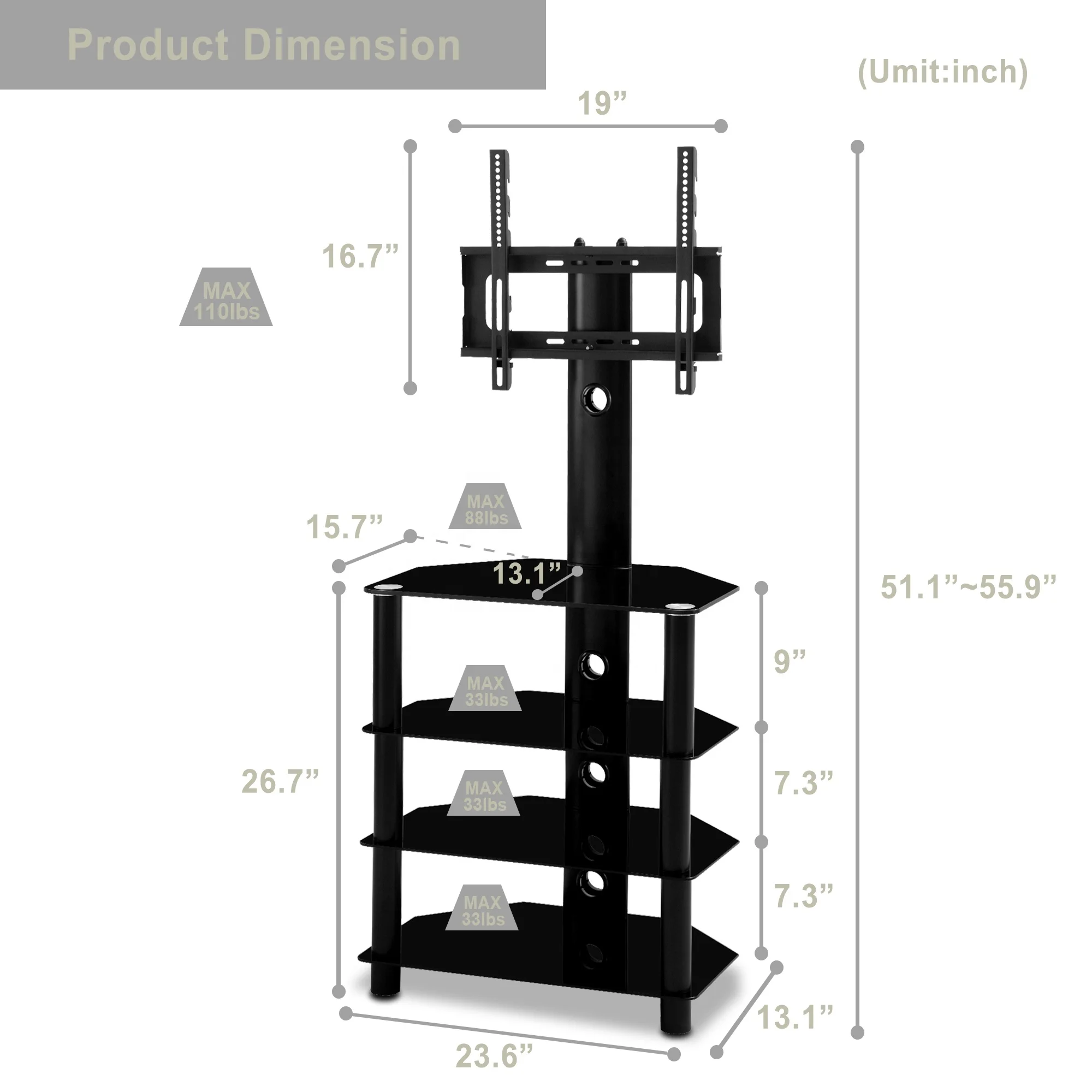 Black Multi-function Angle and height adjustable 4-Tier tempered glass metal frame Floor TV stand