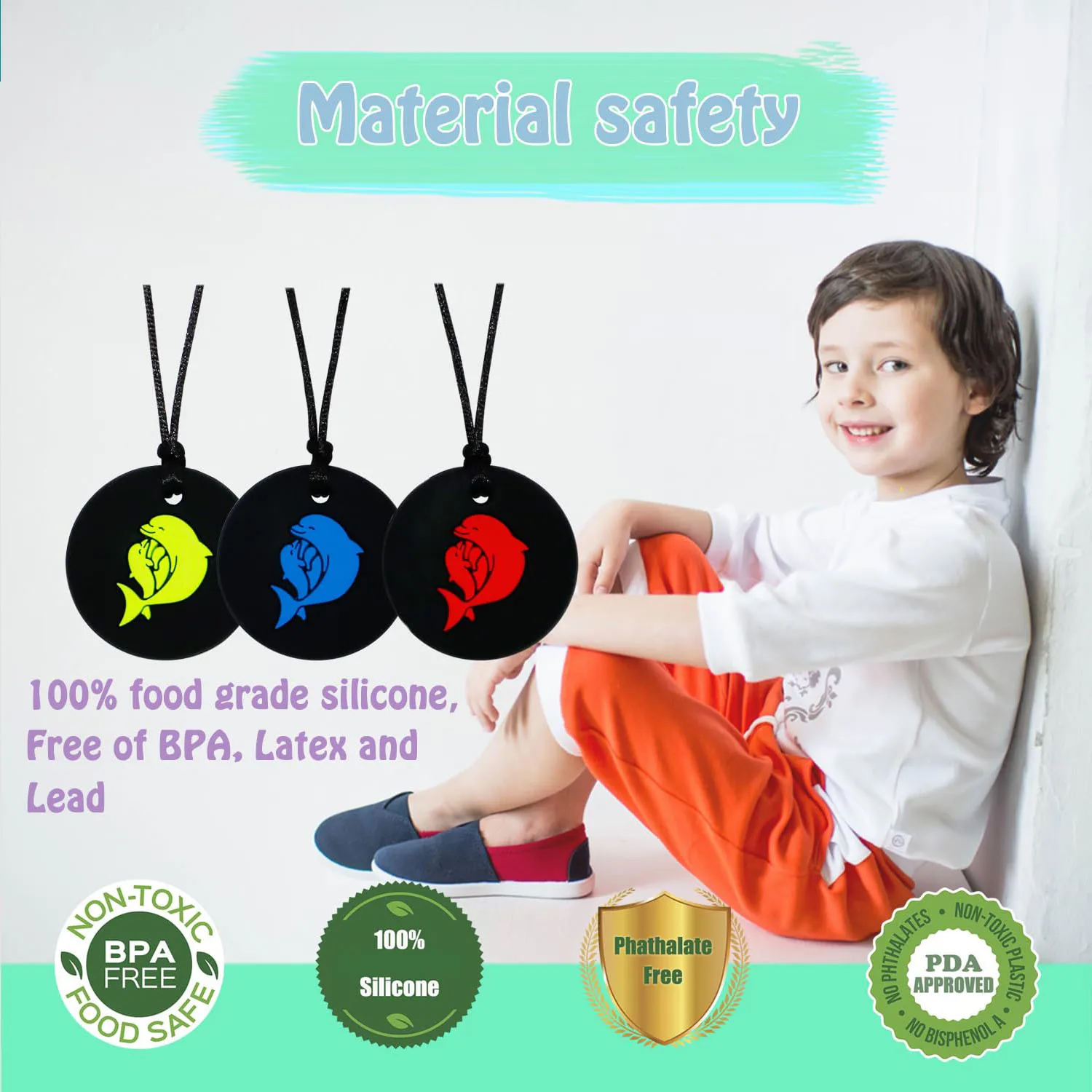 Silicone Chewy Necklaces for Child with Autism ADHD SPD PICA and Oral Motor Needs, Fidget Chewable Pendant for Boy and Girls