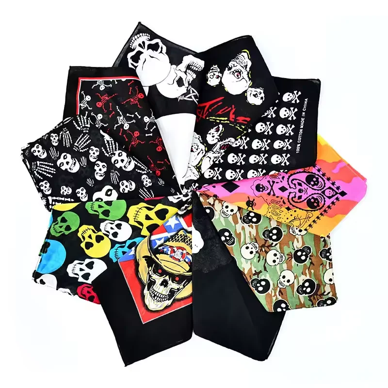 Logo Custom Cotton Square Scarf Paisley Skull Hip Hop Multifunctional Handkerchief Headband Halloween Turban Bandanas
