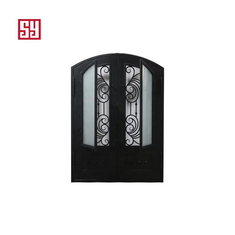Modern popular wrought iron luxury entrance doors use iron flower craftsmanship with movable glass windows