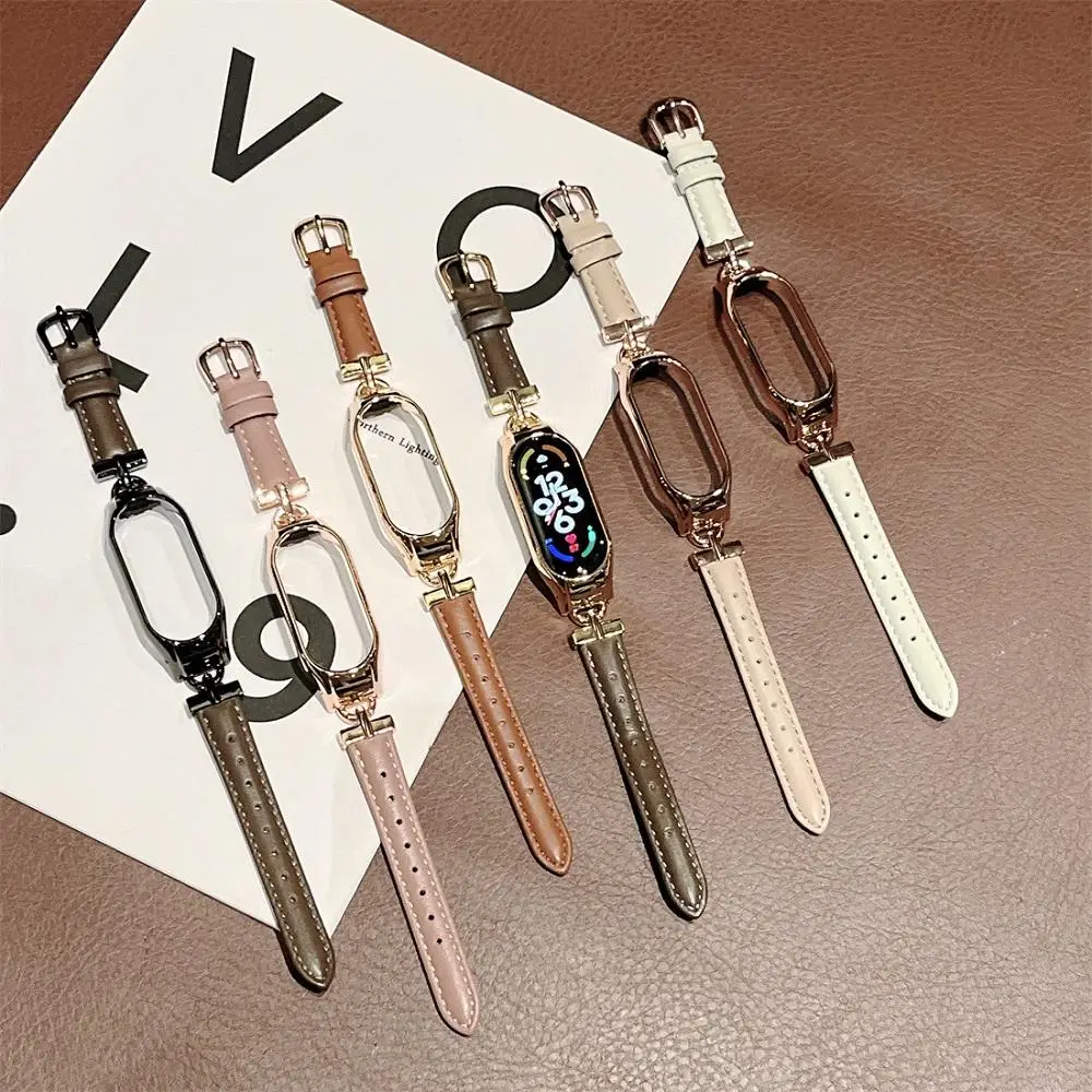Luxury D-shape Buckle Metal Case Leather Strap For Xiaomi Mi Band 7 6 5 4 3 Wristband Replacement Accessories Leather Watch Band