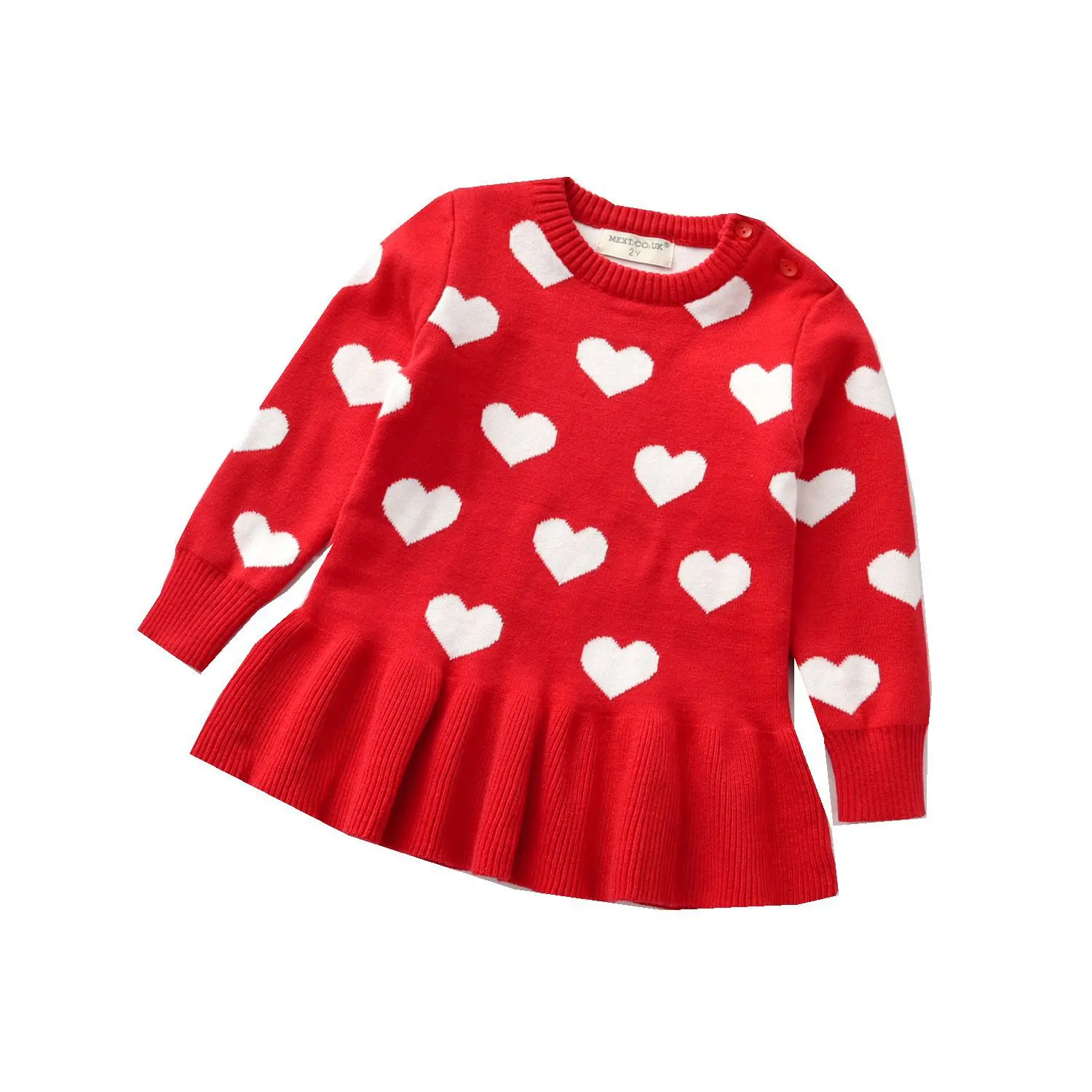 Rarewe 2024 Valentines Red Pink Love Heart Pattern Toddler Baby Girl Sweater Wool Knit Kids Sweater Pleated Dress