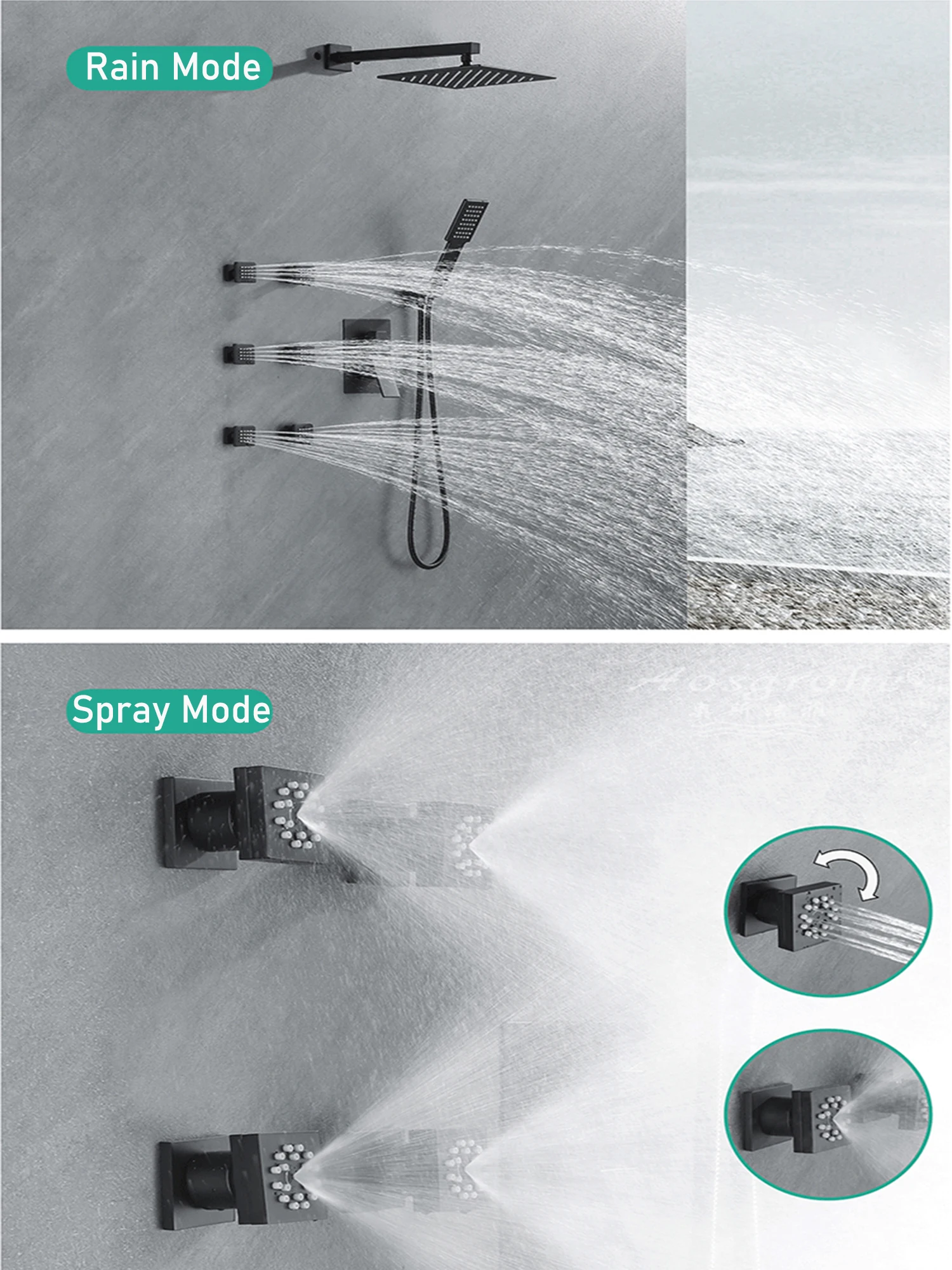 2 Functions Bathroom Rain Spray Jets Shower Head Brass Massage Shower Body Jets