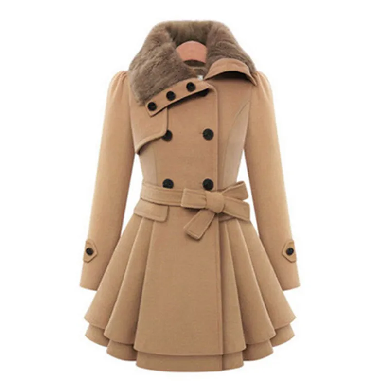 
Moodylime New Fashion Women Girls Fur Collar Design Warm Long Plus Size Double Breast Button Belt Sur Collar Winter Coat 