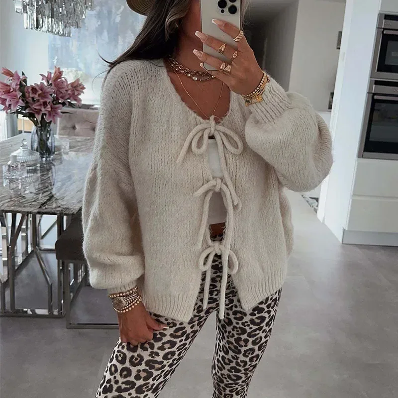 Women Lace-up Sweaters Cardigan Round Neck 2024 Autumn Winter Female Solid Color Long Sleeve Knitted Tops Lady Elegant Knitwear