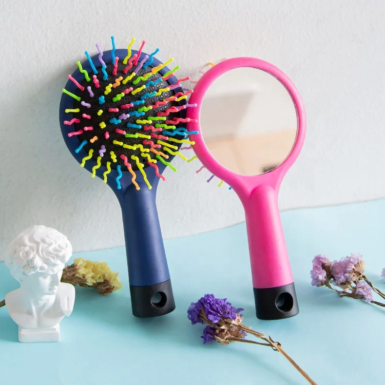 Gloway Hot Selling Kids Ball Tipped Travel Small Hairbrush Curly Detangling Brush Rainbow Hair Brush With Mirror