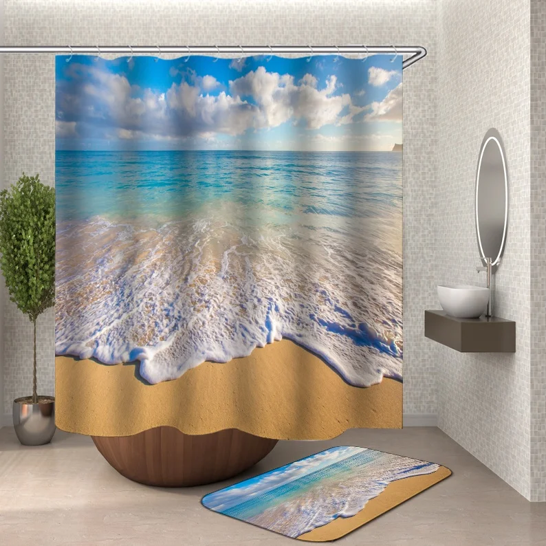 i@home ready made new design 3d fashionably bathroom ocean blue shower curtain island set