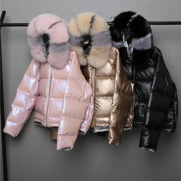 Winter Women Reversible Glossy Gold Silver Boxy Crop Parka Puff Jacket Ladies Short Fox Fur Collar Bubble Down Coats