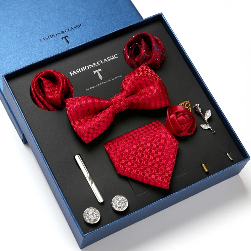 High Quality Red  Necktie Gift Set Stylish Woven Ties Custom Bow Ties For Men 100% Silk Mens Gift Box Tie Set