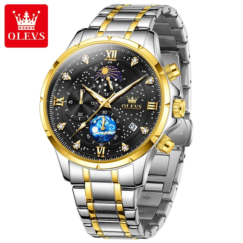 OLEVS 9807 special custom brand  gents quartz watch original Stainless steel band Luminous Chrono stars sun Casual hand watch