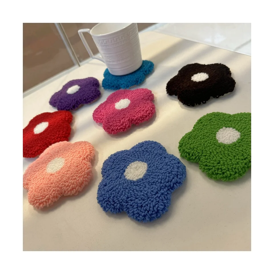 Hand Made Products Cute Flower Pattern Punch Needle Coaster Handicraft Mug Rug for Promotional Gifts