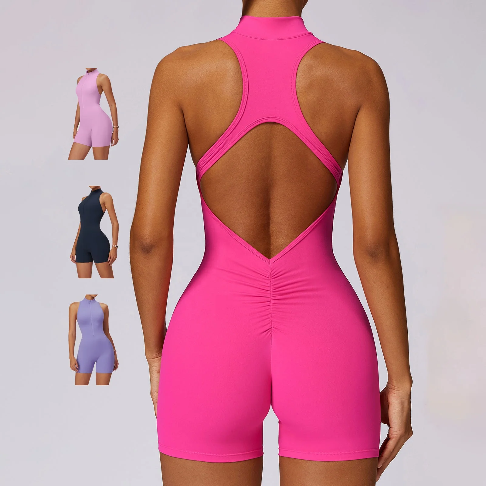 YIYI Half Zipper Sleeveless Workout Rompers Girls Beauty Back Scrunch Butt Gym Yoga One Piece Set Jumpsuits Playsuits Bodysuits