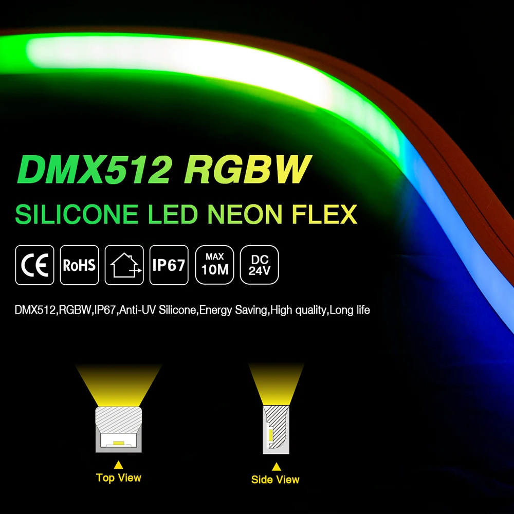 IP67 Waterproof Flexible Neon Light Strip Top View 24V RGBWW LED Neon Strip Light Side View Silicone LED Neon Strip