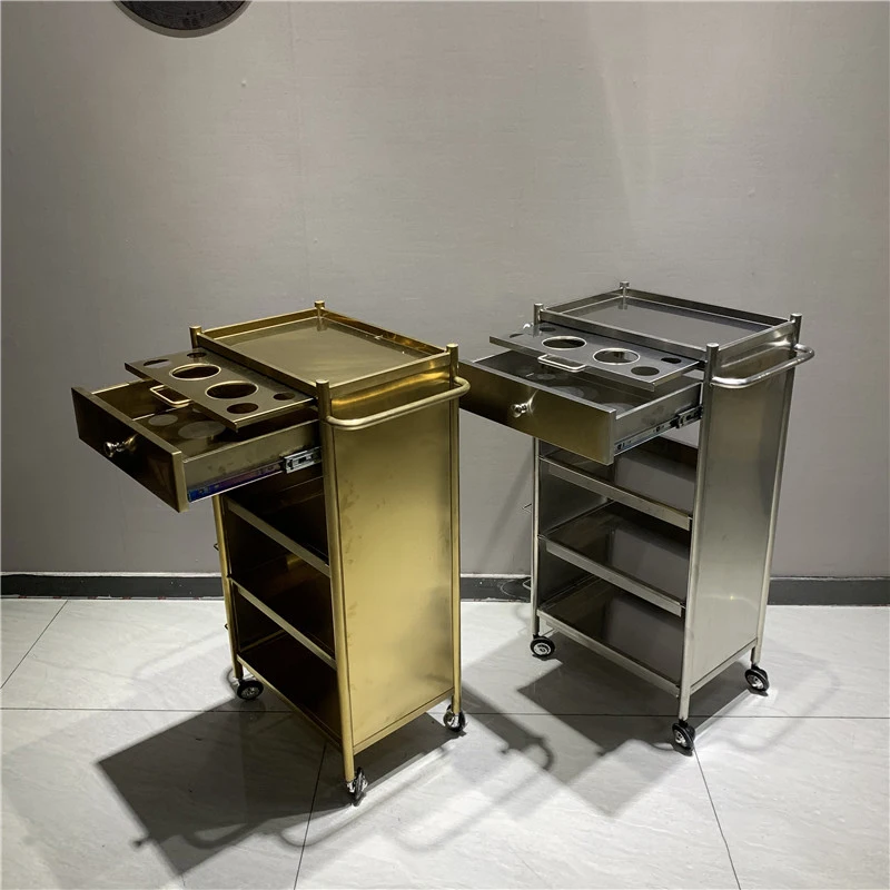 Barber Shop Tool Cabinet Hot Dyeing Trolley Golden Stainless Steel Material Strong
