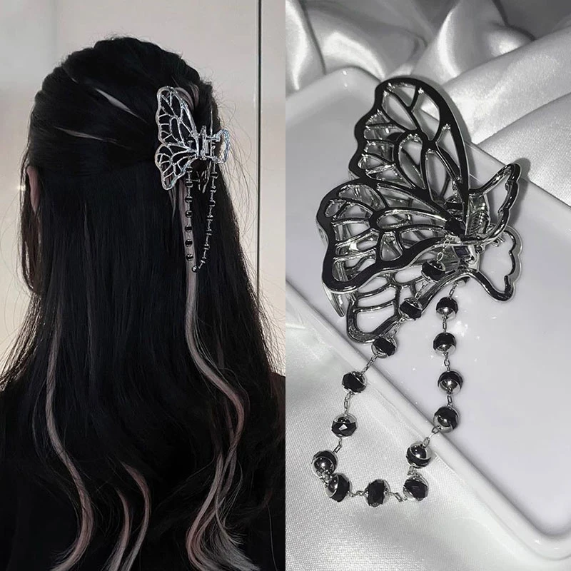 Hollow Out Butterfly Beads Tassel Crab Hair Clip For Women Girl Hair Claw Vintage Metal Color Hairpin Jewelry Accessories