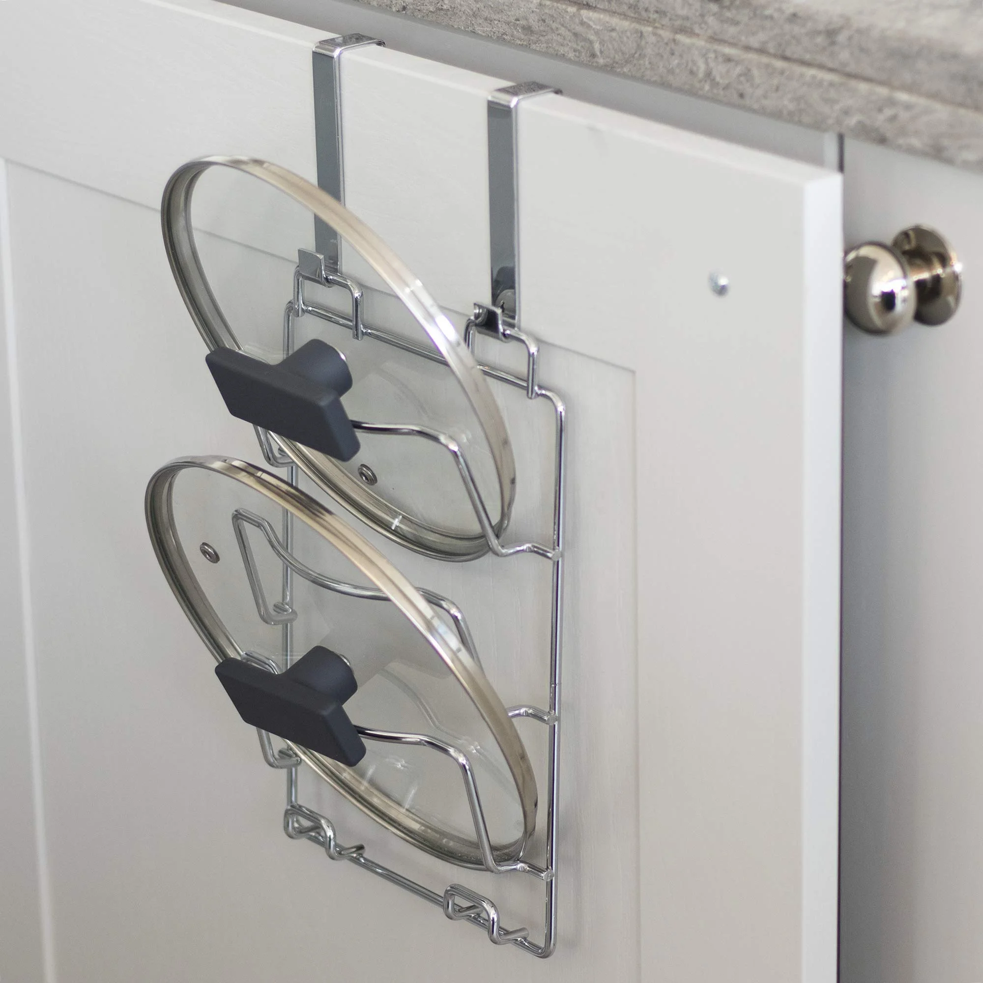 Over Door Pot & Pan Lid Holder Door or Wall Mounted Kitchen Cupboard Saucepan Storage Rack Chrome Cabinet Door Organiser