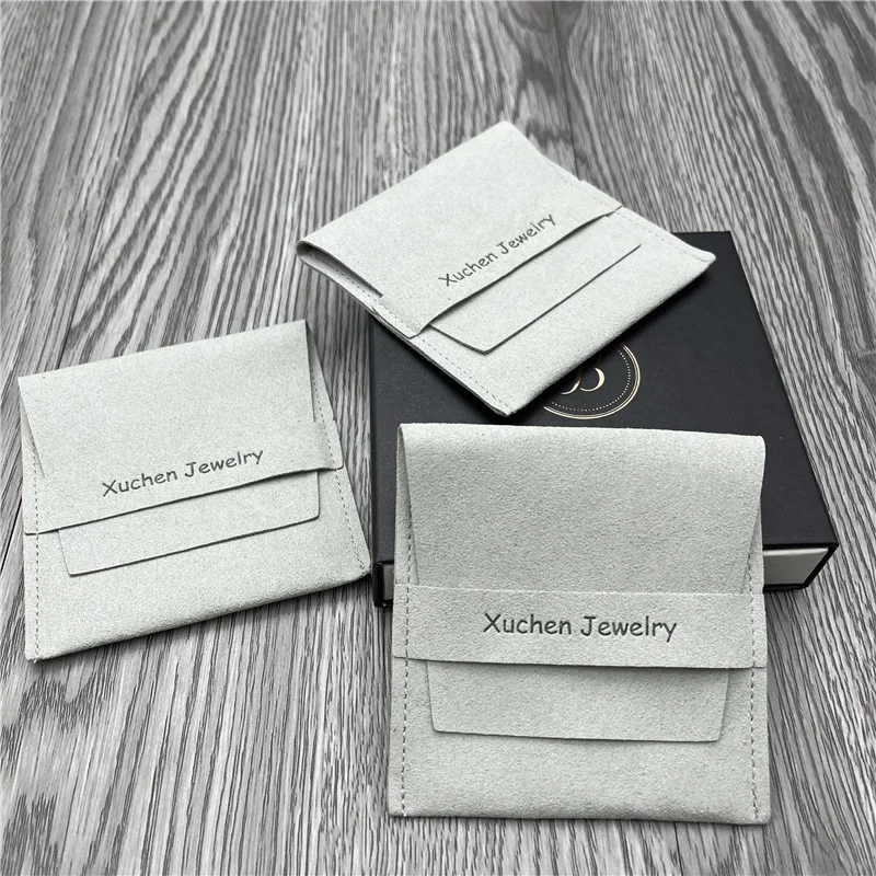 Custom Emboss Logo Microfiber Jewelry Flap Pouch Smoky Gray Envelope Suede Earring Necklace Packaging Jewelry Bag