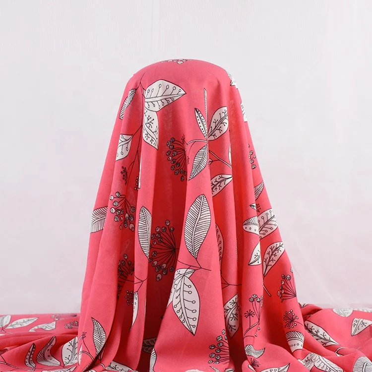 Wholesale stylish woven leaf pattern design pure 100% viscose poplin dress fabric printed