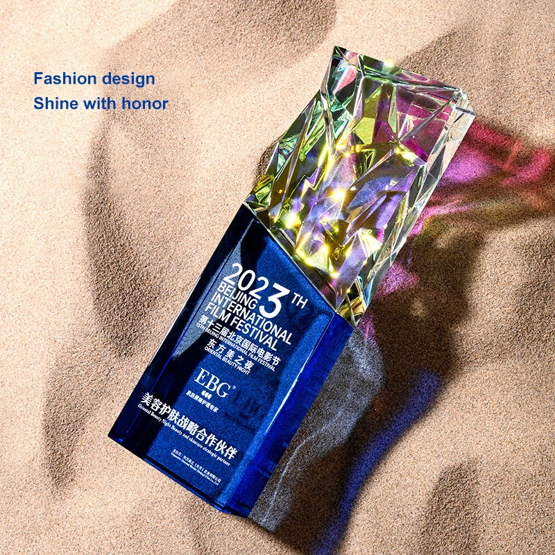 Custom Shape Blank Logo Print Sport Corporate Award Rainbow K9 Crystal Glass Plaque Trophy With Clear Blue Black Base