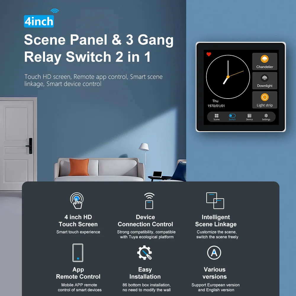 Smart lighting (3 Switch Panel) Control Touch Panel, With Tuya Zigbee 4 Inch In-wall Smart Home Touch Screen Panel