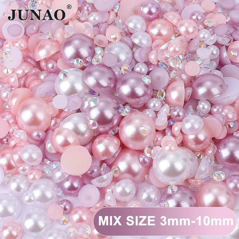 JUNAO Pearls Mixed Size 3-10mm Mix Candy Color Flatback Pearls Child Accessories Mixed Resin Rhinestones For Dress Nail Art
