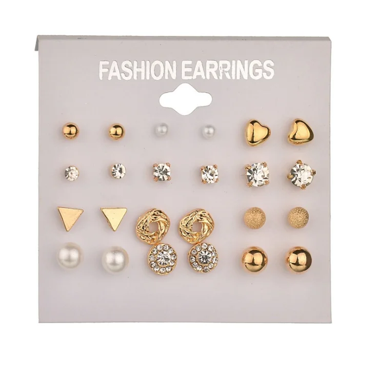 Fashion 12 pair/set Women Square Crystal Heart Stud Earrings for Women Piercing Simulated Pearl Flower Earrings