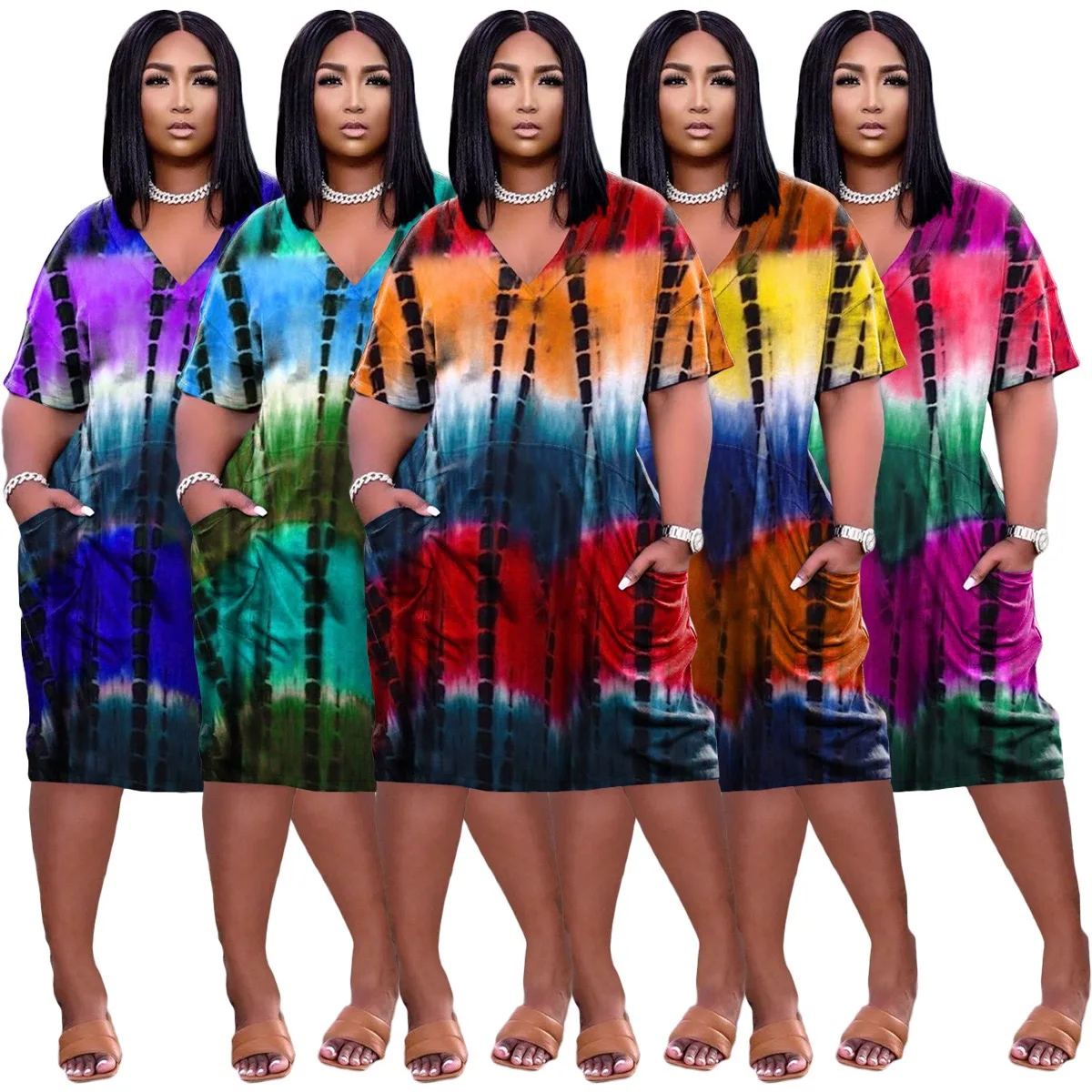 J&H fashion Hot Sale Plus Size Summer Clothes Tie Dye V Neck Short sleeves Oversize T Shirts Sundresses Beach Outfits Ropa Mujer