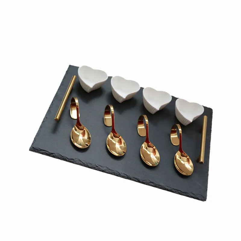 Mail order western style shrink wrap golden spoon golden handle pizza steak slate plate set slate serving board