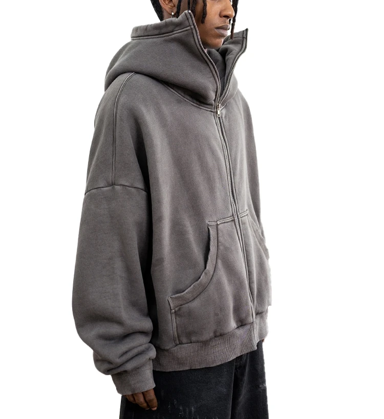 YALI Premium 3D Embossed Zip Up Custom Ninja Double Zipper Sherpa Lined Washed Hoodie