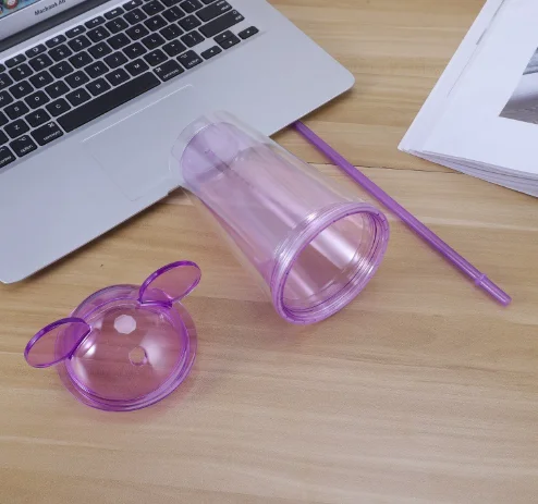 New Style 16oz Double Wall Plastic Cups with Straw and Dome Lid Reusable Acrylic Clear Mouse Ear Tumbler Ice Coffee Cup
