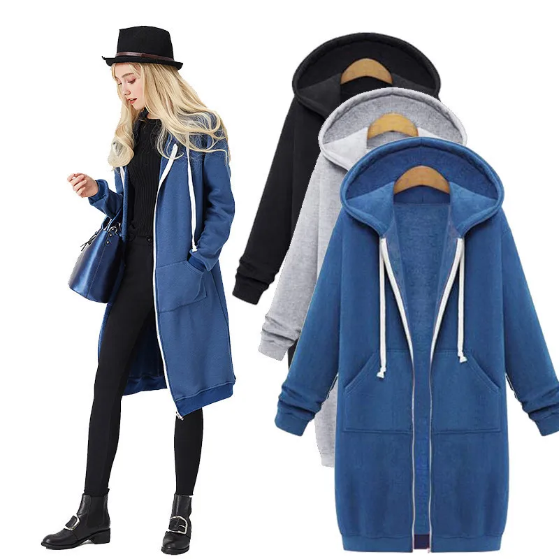 Cheap Autumn Casual Women Long Hoodies Sweatshirt Coat Zip Up Outerwears Hooded Jacket Winter Pockets large Size Outwear Tops